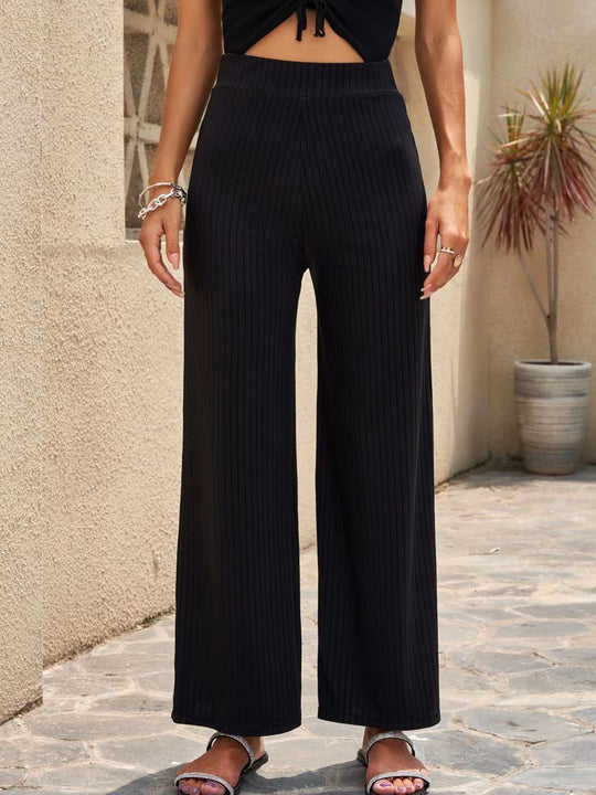 Damen Weite, gestreifte Plisseehose mit hohem Bund und elastischem Taillenbund