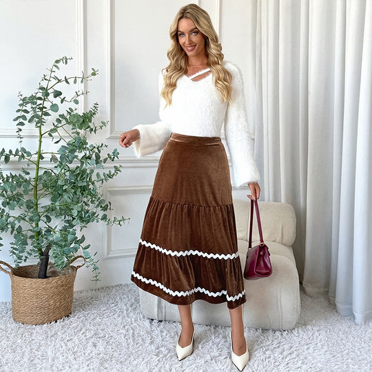 Damen Taillierter Samt‑Midirock mit Stufen‑Volants und Zierborte Shop Nory