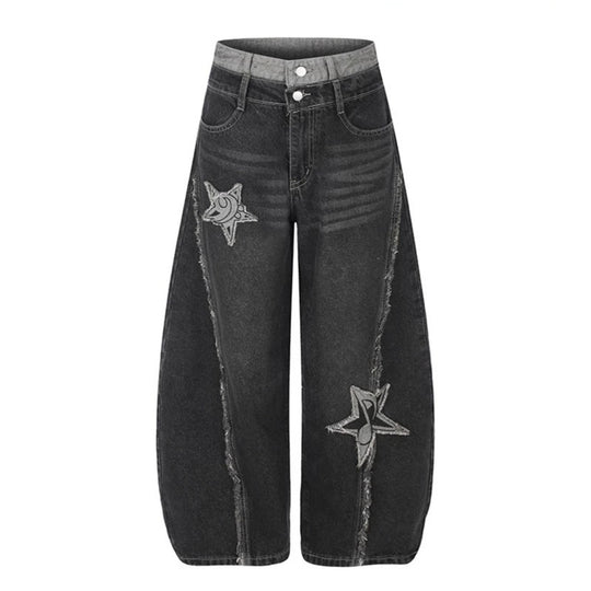 Damen High-Waist Weite Denim-Culotte mit Stern-Applikationen und Fransen-Detail Shop Nory