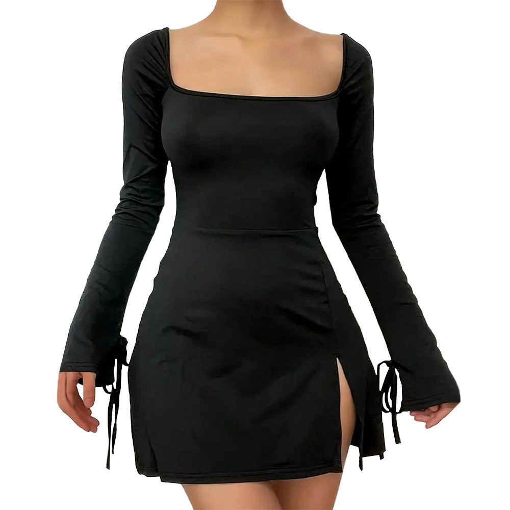 Damen figurbetontes Minikleid mit quadratischem Ausschnitt langen Ärmeln Bindbändern an den Ärmelabschlüssen und seitlichem Schlitz Shop Nory