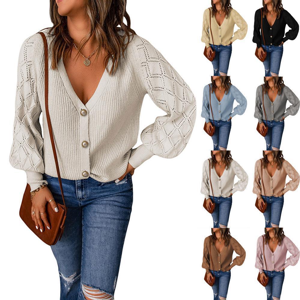 Damen Strickcardigan mit V-Ausschnitt, Zierknopfleiste und Ajourballonärmeln Shop Nory