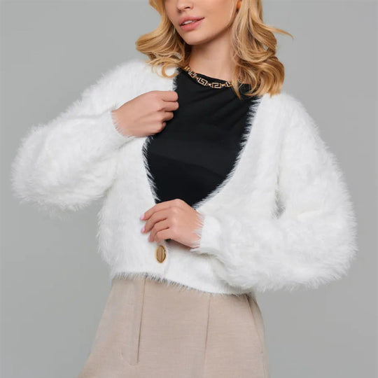 Damen Kurze flauschige Kunstfell-Cardigan mit offenem Schnitt und Raglanärmeln Shop Nory
