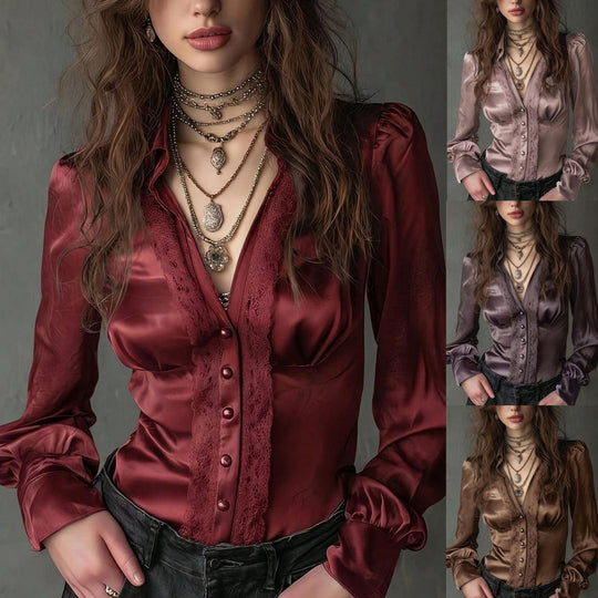 Damen Taillierte Satinbluse mit Spitzenpasse, Knopfleiste und Puffärmeln Shop Nory