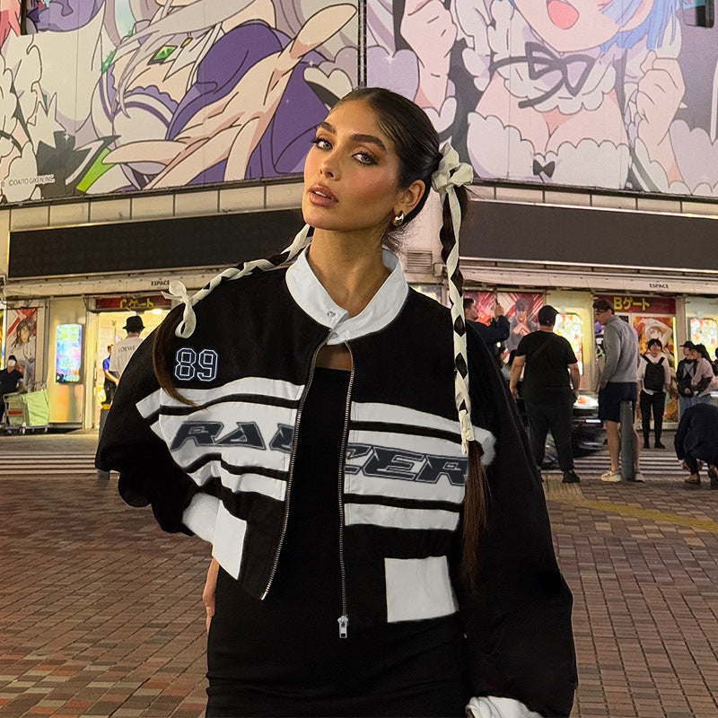 Damen Kurzgeschnittene Racer-Trainingsjacke mit Reißverschluss, sportlichem Print und elastischem Bund Shop Nory