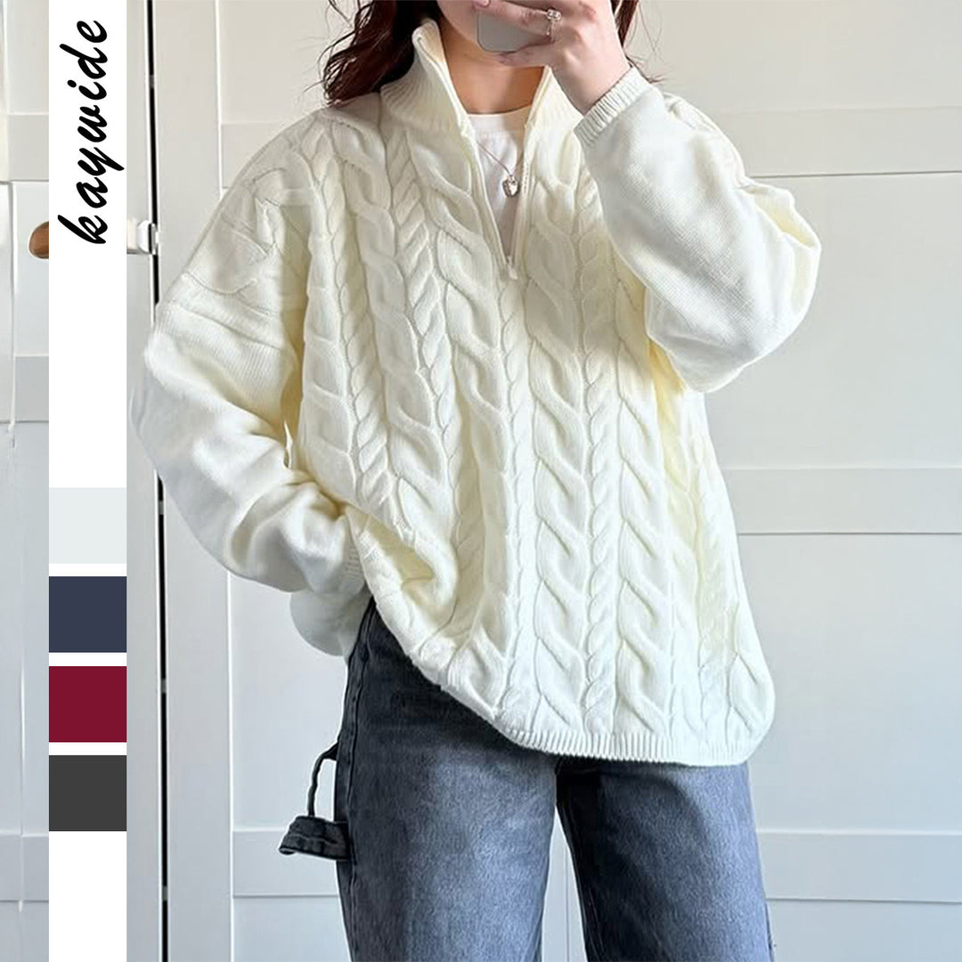 Damen nan oversized Zopfmuster-Troyer mit halbem Reißverschluss, hohem Stehkragen und gerundetem Saum Shop Nory