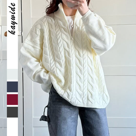 Damen nan oversized Zopfmuster-Troyer mit halbem Reißverschluss, hohem Stehkragen und gerundetem Saum Shop Nory