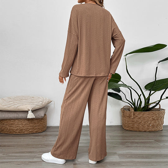 Damen Zweiteiliges Strick-Loungewear-Set mit Wide‑Leg-Hose und Henley-Oberteil Shop Nory