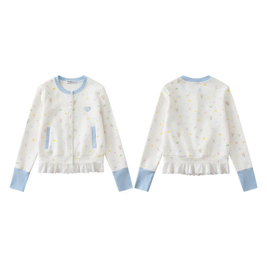 Damen Knopfleisten-Cardigan mit Spitzenvolant, pastelligem Allover-Print und Kontrastbündchen Shop Nory