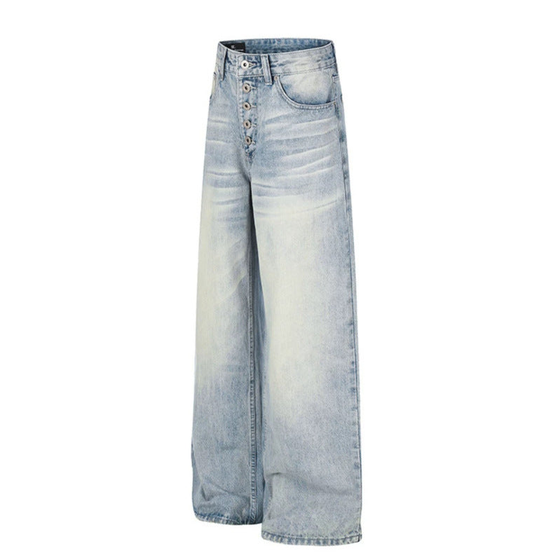 Damen High‑Waist weite Denim‑Palazzo‑Jeans mit Knopfleiste und Used‑Waschung Shop Nory