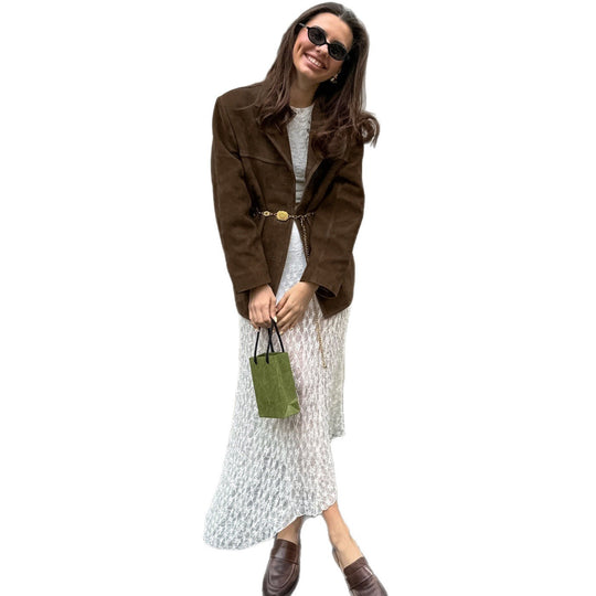 Damen Oversized Veloursleder-Blazer mit Revers und Pattentaschen Shop Nory