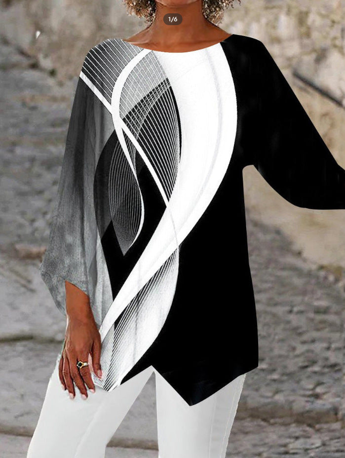 Damen asymmetrisches Langarmshirt mit Grafikdruck und Fledermausärmeln Shop Nory