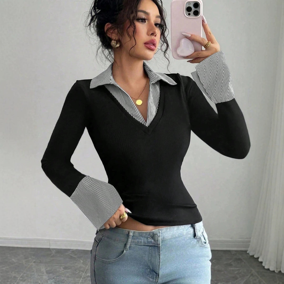 Damen Figurbetontes Feinstrick-Top mit Hemdkragen und Kontrastmanschetten Shop Nory