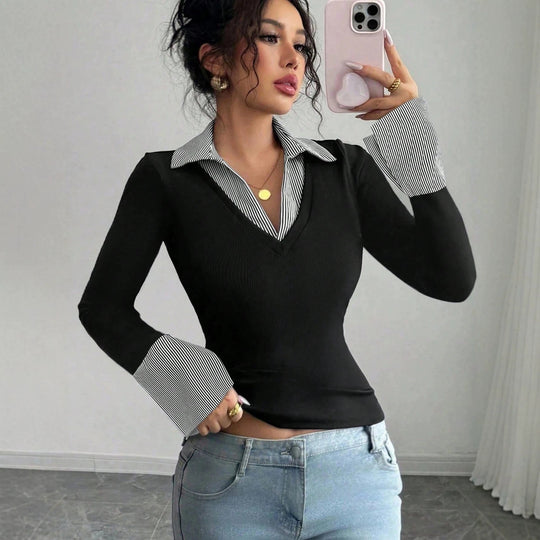 Damen Figurbetontes Feinstrick-Top mit Hemdkragen und Kontrastmanschetten Shop Nory