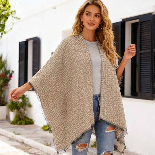 Damen Offener Jacquard‑Poncho im Kimono‑Schnitt mit geometrischem Allovermuster Shop Nory