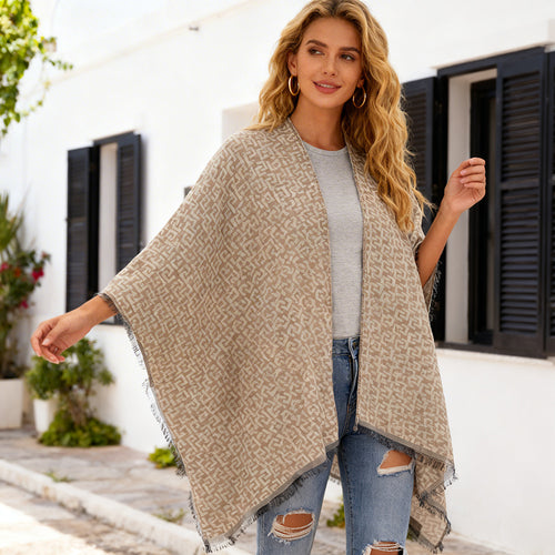 Damen Offener Jacquard‑Poncho im Kimono‑Schnitt mit geometrischem Allovermuster Shop Nory