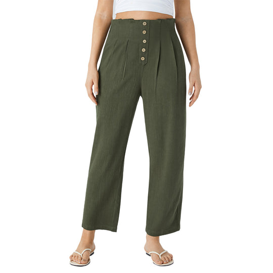 Damen Hochtaillierte Bundfalten-Leinenhose mit dekorativer Knopfleiste Shop Nory
