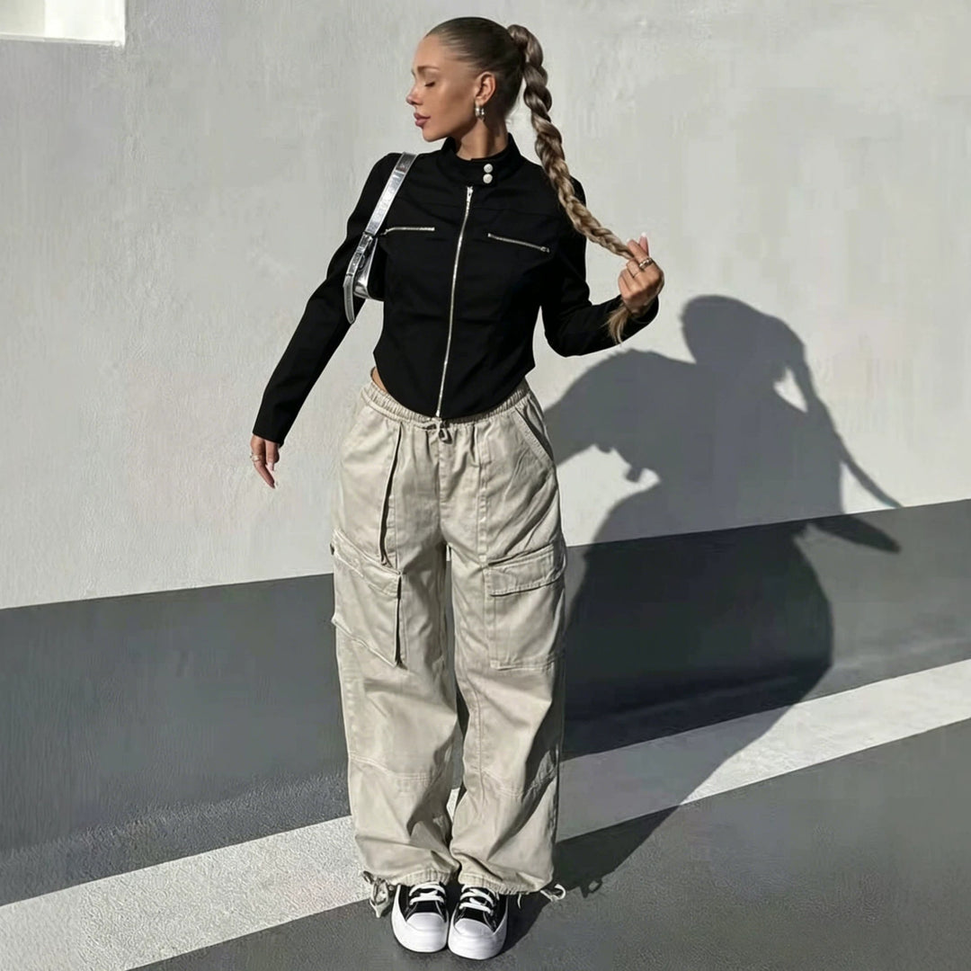Damen Taillierte Bonded-Canvas-Bikerjacke mit Stehkragen und Brust-Reißverschlüssen Shop Nory