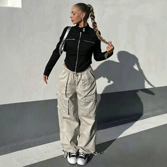 Damen Taillierte Bonded-Canvas-Bikerjacke mit Stehkragen und Brust-Reißverschlüssen Shop Nory