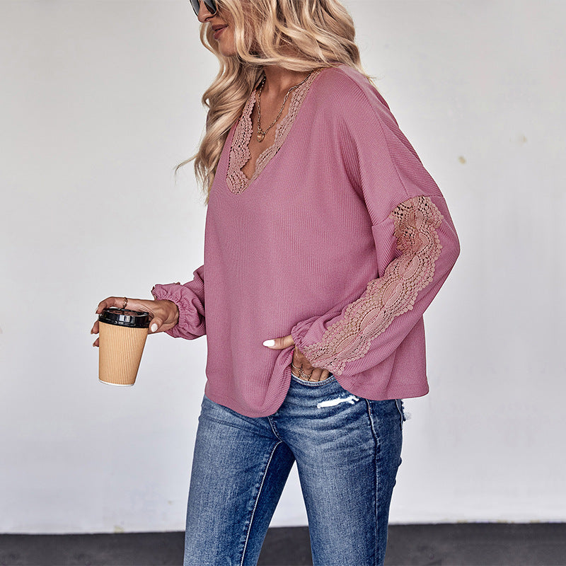 Damen Spitzenbesetzte V‑Ausschnitt-Bluse mit Ballonärmeln und Einsätzen Shop Nory