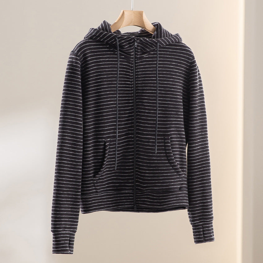 Damen Gestreifte Samt-Fleece Kapuzenjacke mit Reißverschluss und Kängurutaschen Shop Nory