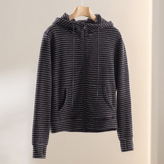 Damen Gestreifte Samt-Fleece Kapuzenjacke mit Reißverschluss und Kängurutaschen Shop Nory