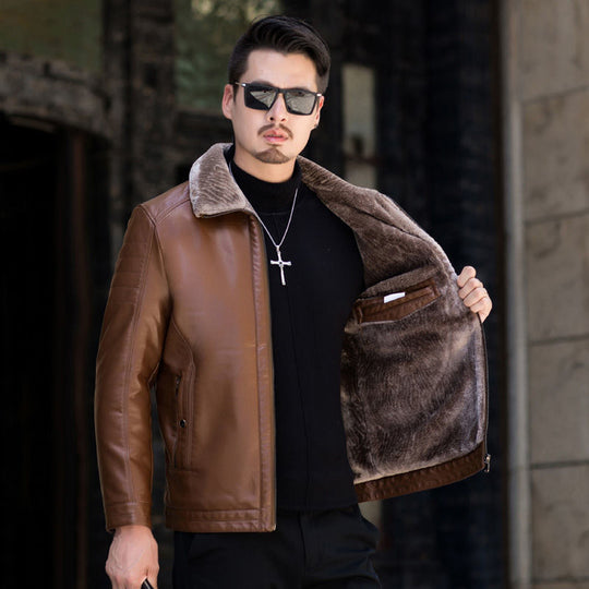 Herren Lederimitat-Übergangsjacke mit durchgehendem Teddyfutter und umlegbarem Kragen Shop Nory