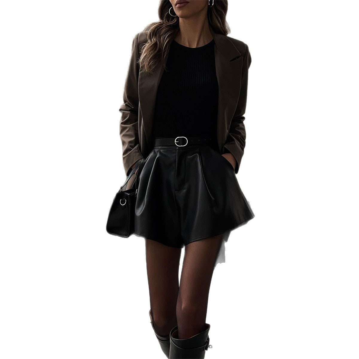 Damen Modische Kunstleder Shorts im Rockstil mit hohem Bund