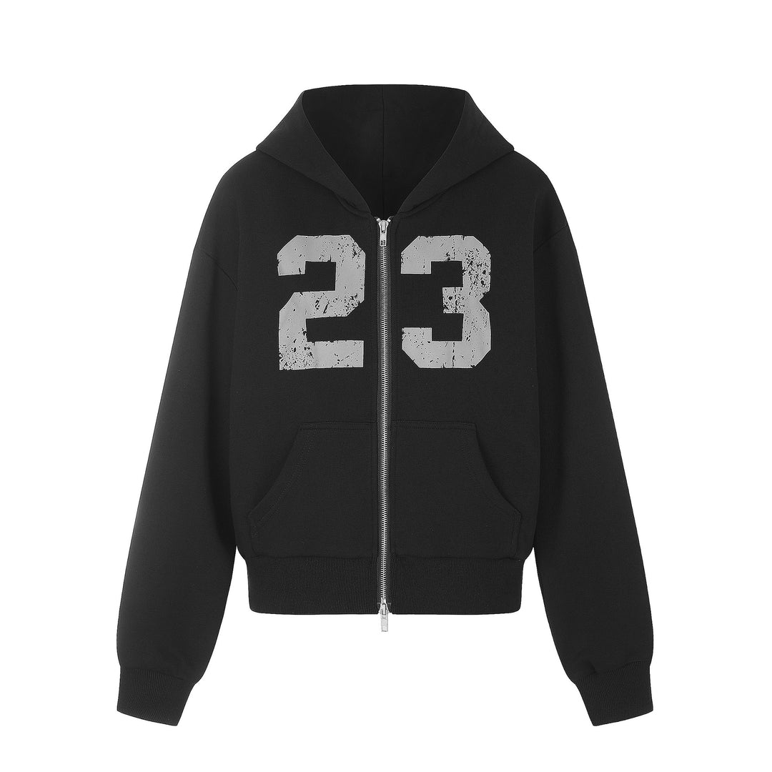 Damen Zip‑Hoodie im Boxy‑Schnitt mit Kängurutasche und Nummernprint Shop Nory