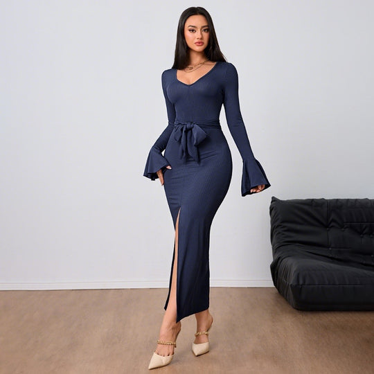 Damen figurbetontes Maxikleid mit V-Ausschnitt Trompetenärmeln Taillenband und hohem Seitenschlitz Shop Nory
