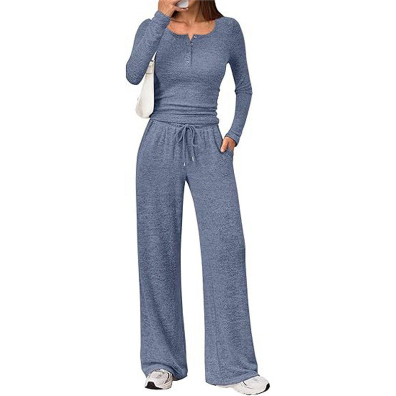 Damen Zweiteiliges Feinstrick-Lounge-Set mit Henley-Top und Palazzo-Hose Shop Nory