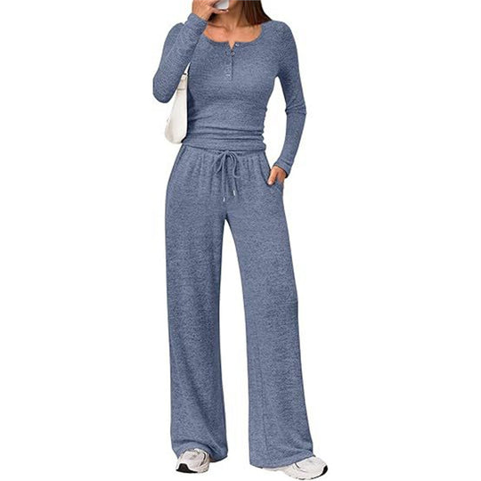 Damen Zweiteiliges Feinstrick-Lounge-Set mit Henley-Top und Palazzo-Hose Shop Nory