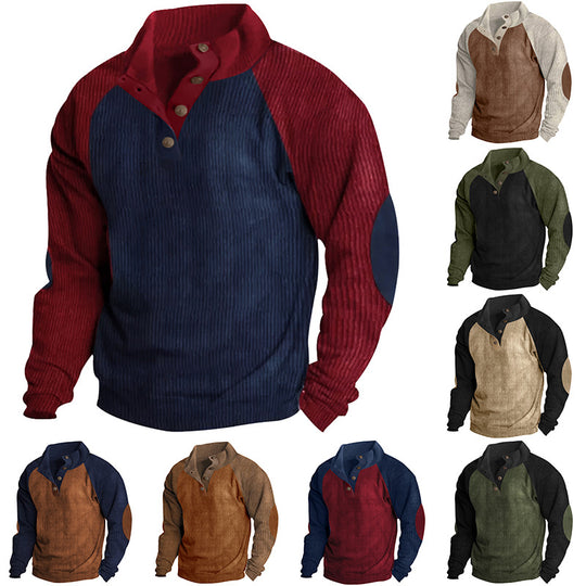 Herren Strukturiertes Raglan-Henley-Pullover mit Stehkragen, Ellenbogenpatches & Knopfleiste Shop Nory