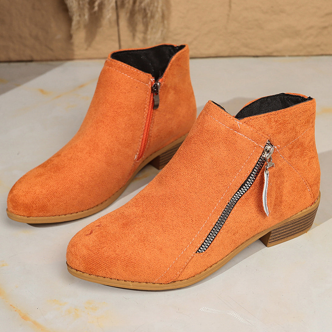 Damen Moderne Kurzschaft-Stiefelette mit sichtbarem Metallreißverschluss und niedriger Holzoptik-Blocksohle Shop Nory