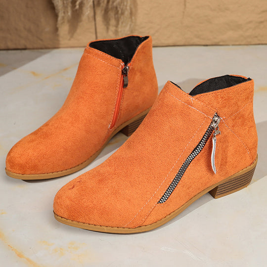 Damen Moderne Kurzschaft-Stiefelette mit sichtbarem Metallreißverschluss und niedriger Holzoptik-Blocksohle Shop Nory