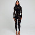 Damen Figurnahes Netz-Jumpsuit mit langem Arm und hohem Kragen