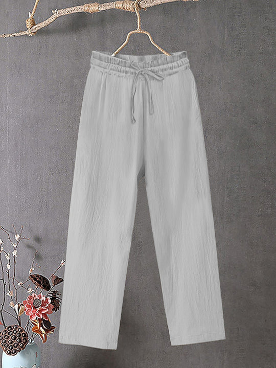 Damen Crinkle Leinenmischung Hose mit elastischem Kordelzug, gerade Beinform und lässiger Passform Shop Nory