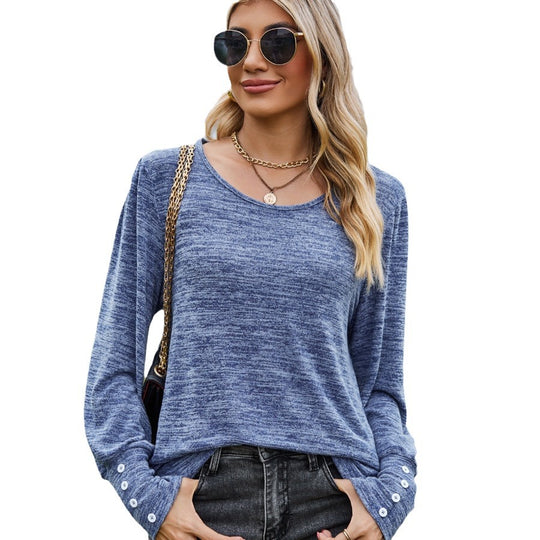Damen Lässiges Langarmshirt mit Knopfmanschetten und weitem Rundhalsausschnitt Shop Nory