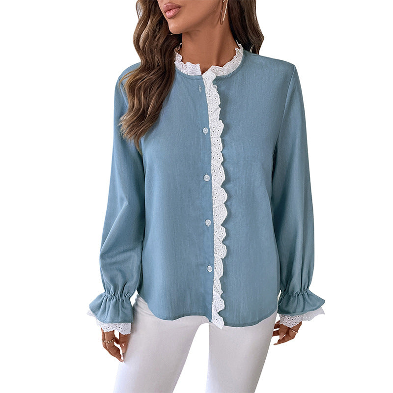 Damen Romantische Bluse mit Häkelspitzen-Besatz und Ballonärmeln Shop Nory