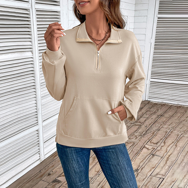 Damen Leichtes Halbzip-Sweatshirt im Relaxed-Fit mit Kängurutasche und Stehkragen Shop Nory