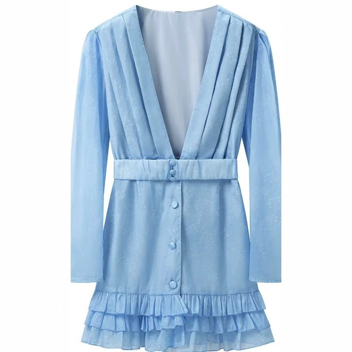 Damen Kurzes Satinkleid mit tiefem V-Ausschnitt, Taillengürtel und gestuften Volants Shop Nory