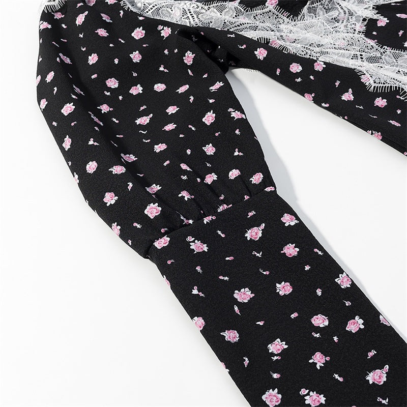 Damen Langärmeliges Maxikleid mit Spitzenborten, tiefem V‑Ausschnitt und floralem Alloverprint Shop Nory