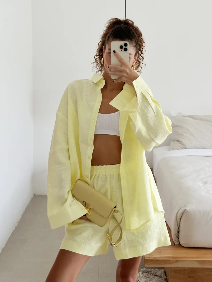 Damen lässige Leinenbluse und Shorts Set