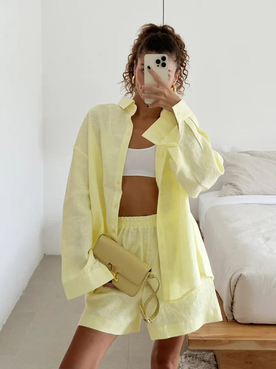 Damen lässige Leinenbluse und Shorts Set