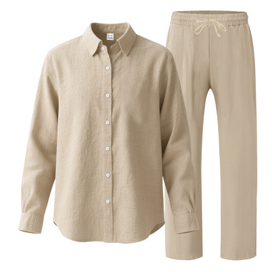 Damen nan komfortables Lounge-Set mit oversized Hemdbluse und elastischer Kordelzug-Hose Shop Nory