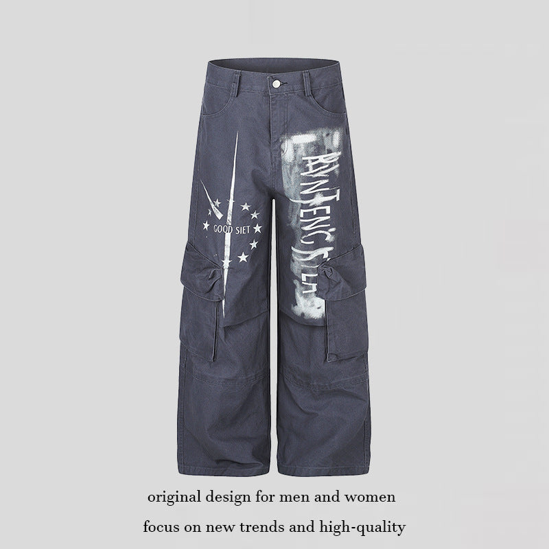 Damen weite Cargo‑Culotte‑Hose mit Graffiti‑Print und großen Klappentaschen Shop Nory