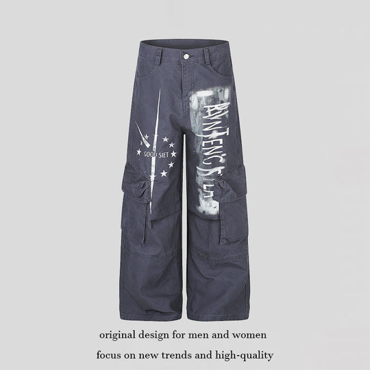 Damen weite Cargo‑Culotte‑Hose mit Graffiti‑Print und großen Klappentaschen Shop Nory