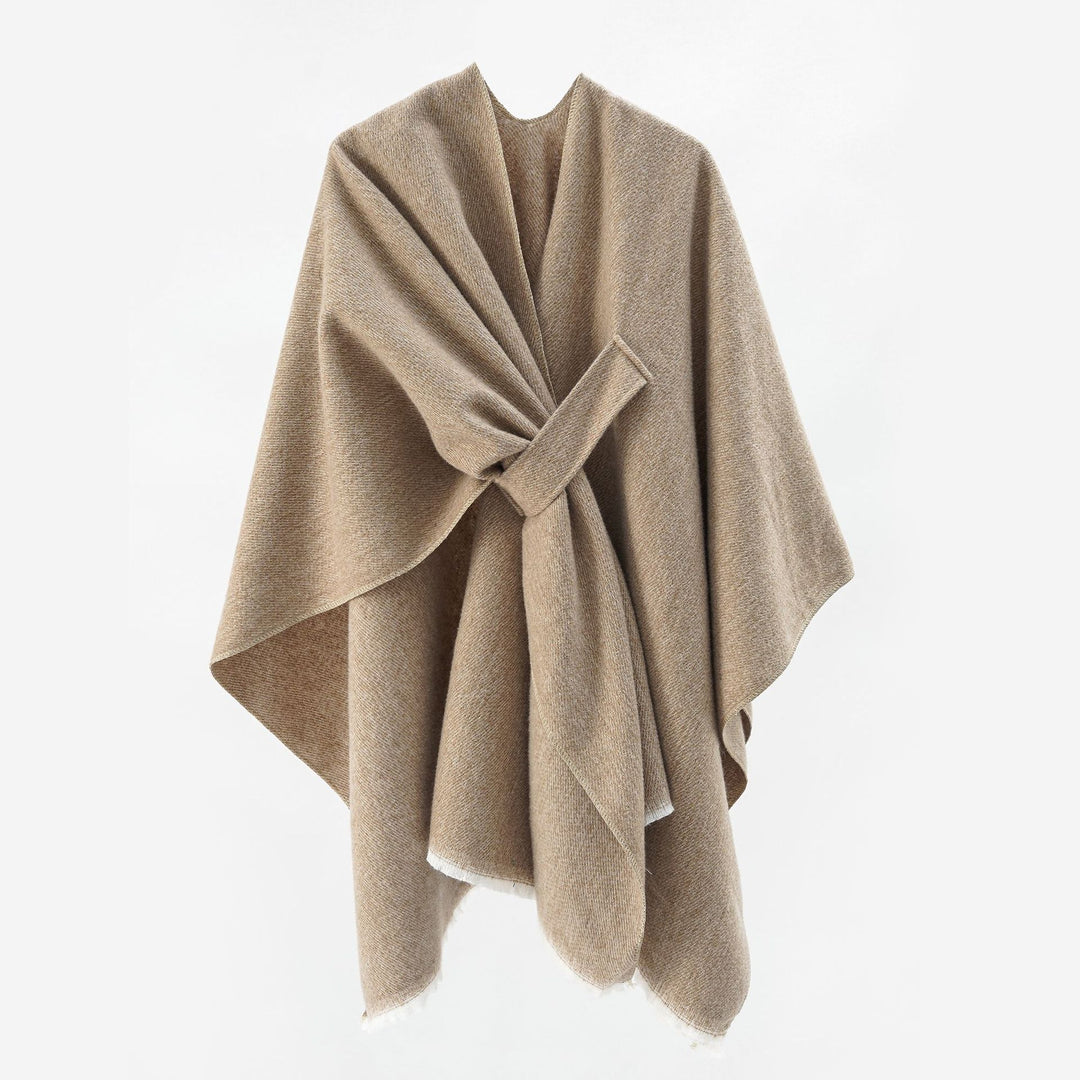Damen luxuriöser Woll-Kaschmir-Poncho mit Bindegürtel und Fransensaum Shop Nory