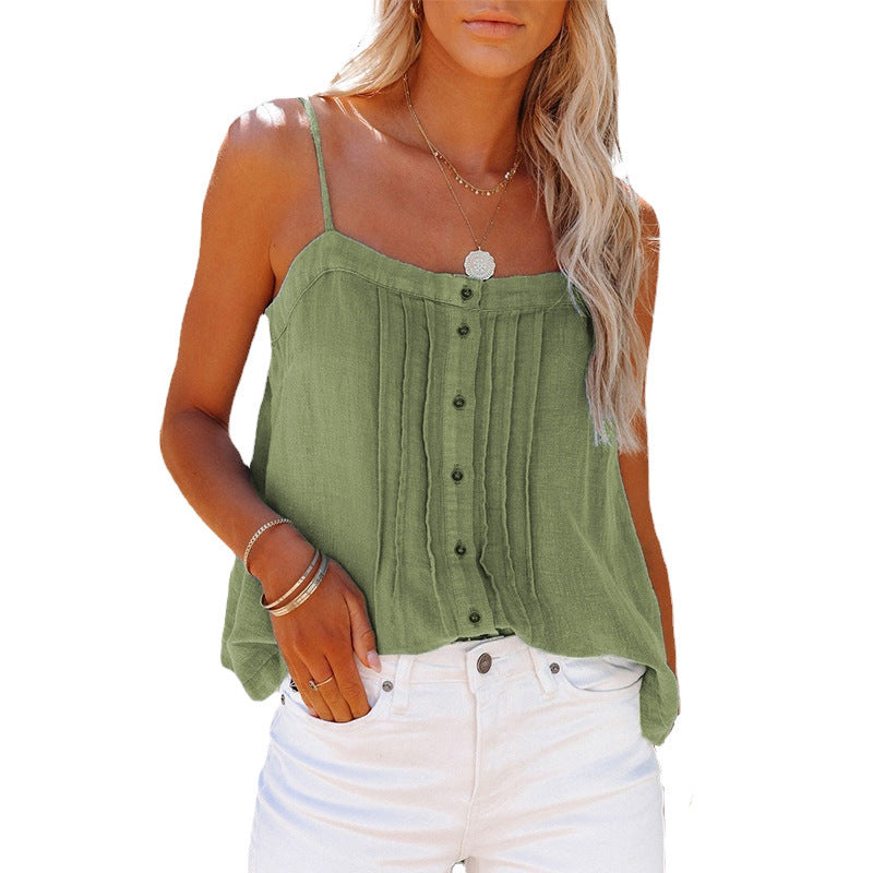 Damen luftiges Spaghettiträger-Oberteil mit kariertem Design und Knopfdetails
