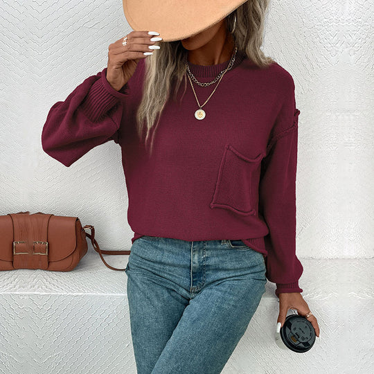 Damen Legerer Feinstrick-Pullover mit aufgesetzter Brusttasche und überschnittener Schulter Shop Nory
