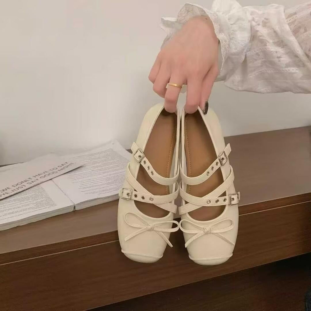 Damen Ballerina-Schuhe mit dekorativen Doppelschnallen und modischen Schleifen